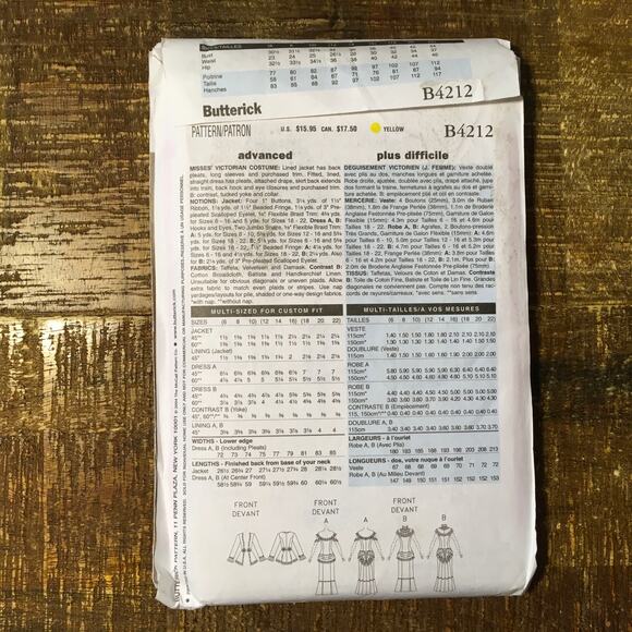 Butterick Sewing Pattern B4212 Historical Costume Victorian Titanic 18-22 UNCUT - Picture 2 of 3